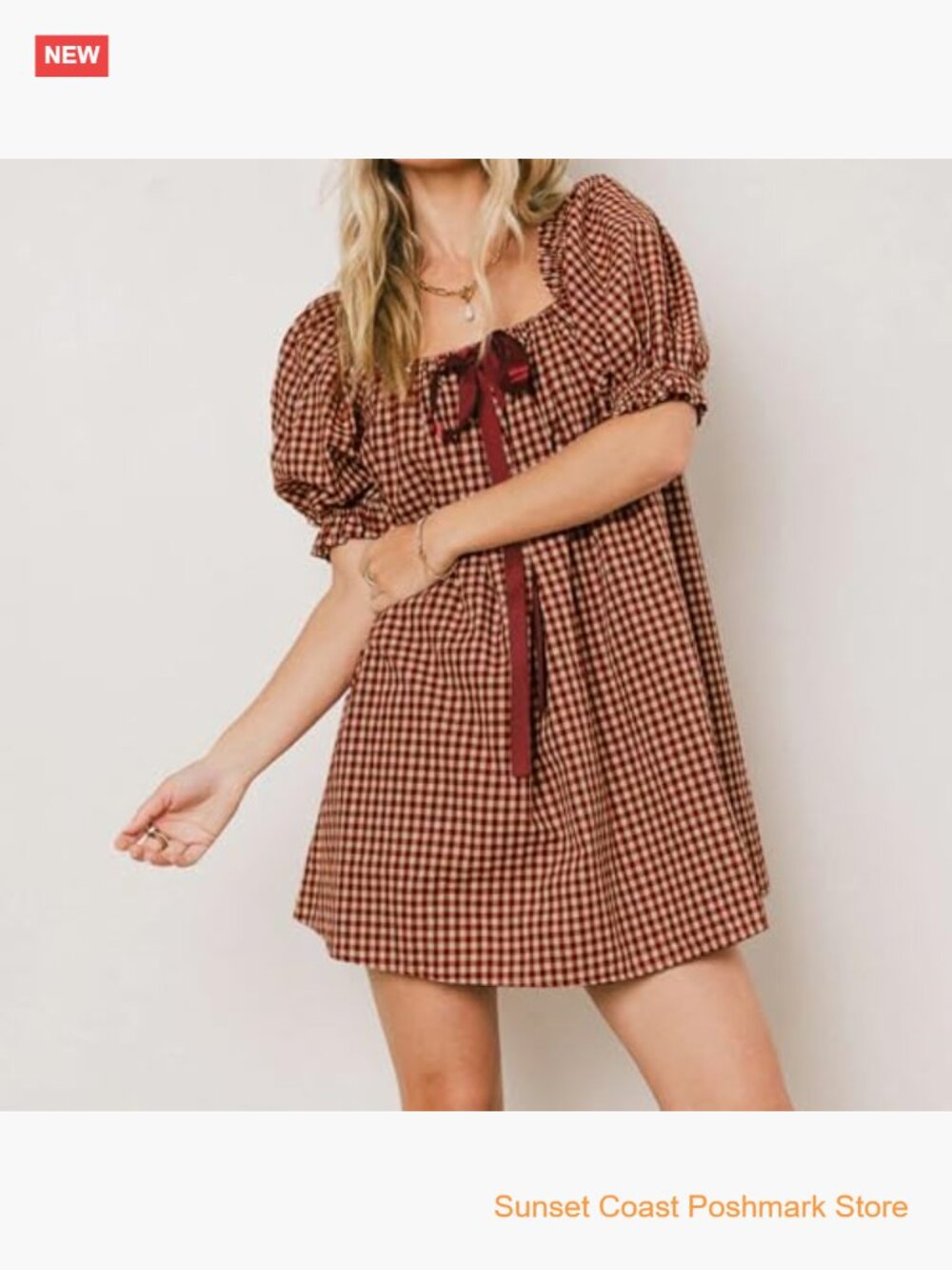 Gingham Babydoll Mini Dress Puff Sleeve Square Neck Bow Tie A-Line Plaid - Picture 6 of 6